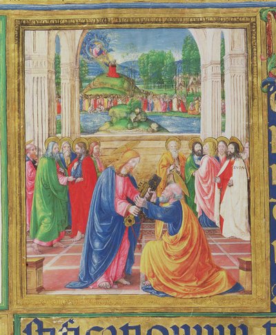 Ms 542 f.3v Christus geeft de sleutels aan St. Petrus, op de achtergrond geeft God de Tafelen van de Wet aan Mozes, uit een psalter geschreven door Don Appiano van de Kerk van de Badia Fiorentina, Florence door Monte di Giovanni del Fora