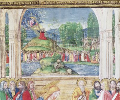 Ms 542 f.3v Mozes ontvangt de tafelen van de wet van God, uit een psalter geschreven door Don Appiano van de kerk van de Badia Fiorentina, Florence (detail) door Monte di Giovanni del Fora