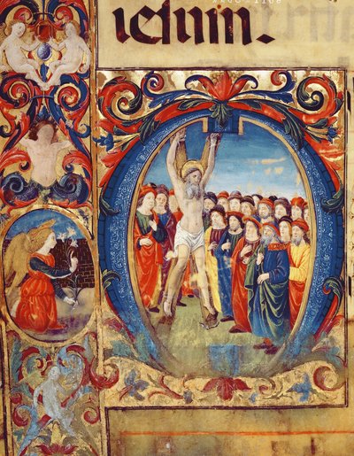 Ms 543 f.5v Geïllustreerde initiaal O met de Kruisiging van St. Andreas, uit een psalter, c.1515 door Monte di Giovanni del Fora