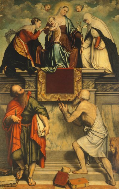 Madonna met Kind, St. Catharina, St. Paulus en St. Hiëronymus door Moretto da Brescia