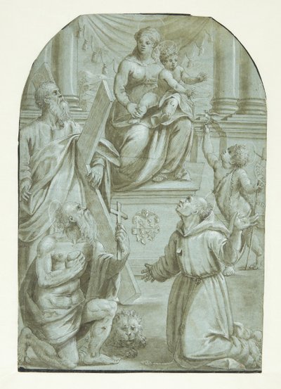Maria met het kind Jezus tronend, omringd door de apostel Andreas, Johannes de Doper als kind, de heilige Hiëronymus en de heilige Franciscus van Assisi door Moretto da Brescia