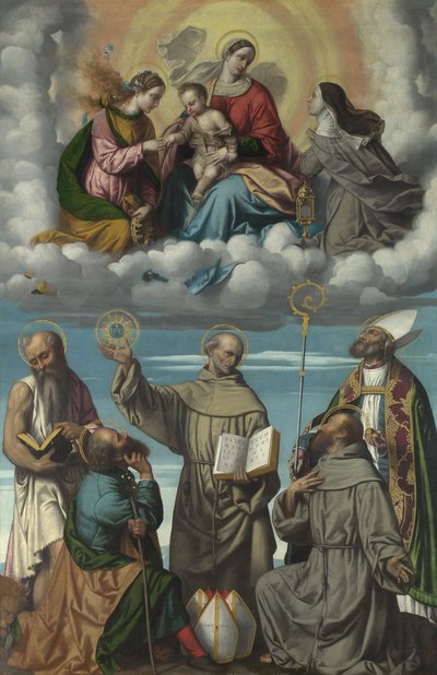De Maagd en Kind met Sint Bernardino en andere heiligen door Moretto da Brescia