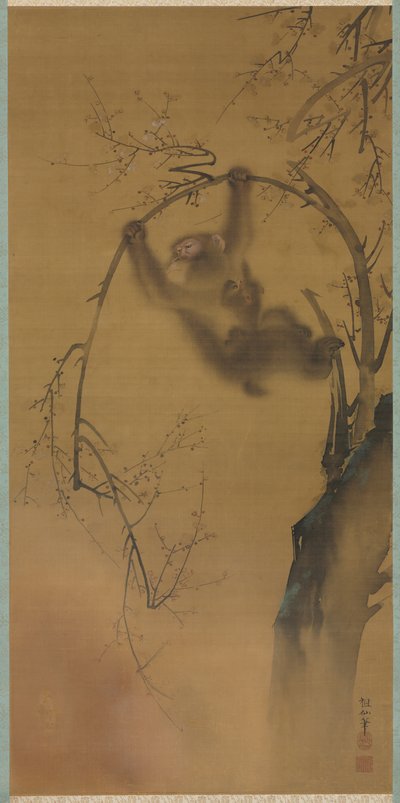 Apen in een Kersenboom, Apen op een Rotsrichel, 1615-1868 door Mori Sosen