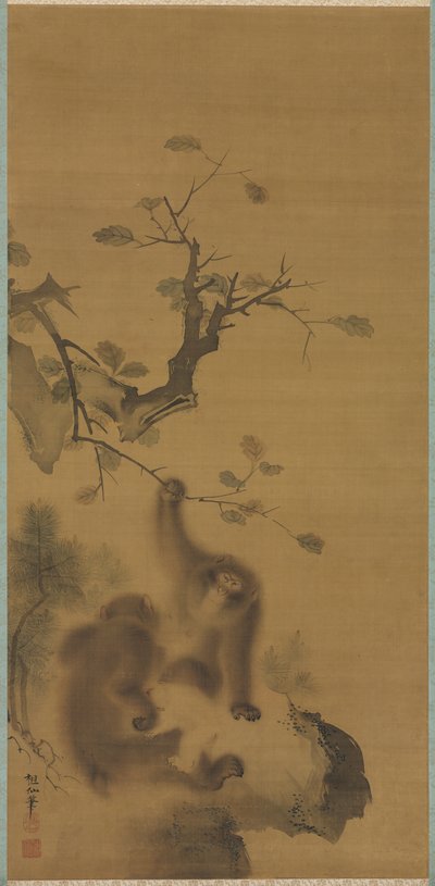 Apen op een rotsrichel, 1615-1868 door Mori Sosen
