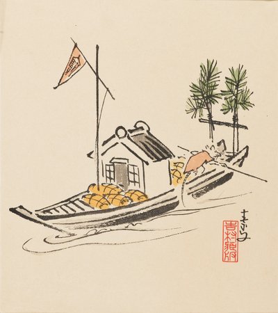 Houtsnede - Takarabune gepolst door rat, eind 19e eeuw door Morikawa Sobun