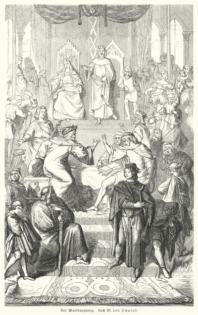 De Sangerkrieg, een wedstrijd tussen minstrelen op het Wartburg kasteel in Thüringen in 1207 (gravure) door Moritz Ludwig von (after) Schwind