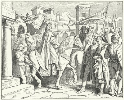 Karel de Grote betreedt Pavia, 774 (gravure) door Moritz Ludwig von Schwind