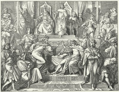 De Sangerkrieg, een wedstrijd tussen minstrelen op het Wartburg kasteel in Thüringen in 1207 (gravure) door Moritz Ludwig von Schwind
