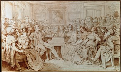 De componist Franz Schubert begeleidt tenor Johann Michael Vogl tijdens een muzikale avond bij Baron von Spaun door Moritz Ludwig von Schwind