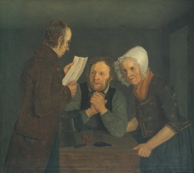 Een schoolmeester leest een brief voor aan een oud echtpaar van hun zoon in het buitenland door Moritz Unna