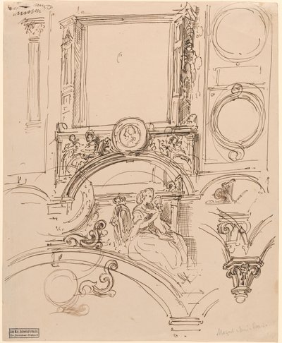 Architectonische details voor een wanddecoratie met keizerin Maria Theresia die de jonge Wolfgang Amadeus Mozart omhelst door Moritz Ludwig von Schwind