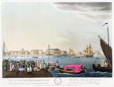 Uitzicht op de Neva, de Haven en de Beurs in St. Petersburg, illustratie voor juni uit 