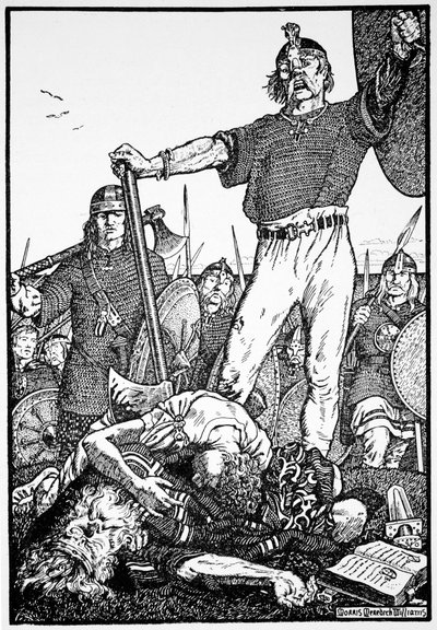 De dood van Brian Boru in de Slag bij Clontarf, Ierland, 1014 door Morris Meredith Williams