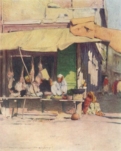 Een slagerij in Peshawur, 1905 door Mortimer Ludington Menpes