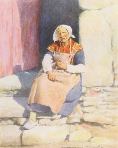 Op de trappen van het molenhuis, Pont-Aven door Mortimer Ludington Menpes
