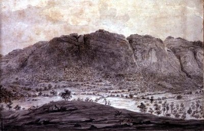Panoramisch uitzicht op Derwentwater en de Vale of Keswick, detail van bergen, ca. 1772 door Moses (attr. to) Griffith
