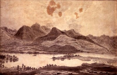 Panoramisch uitzicht op Derwentwater en de Vale of Keswick, detail van het noordelijke uiteinde van Derwent Water, ca. 1772 door Moses (attr. to) Griffith