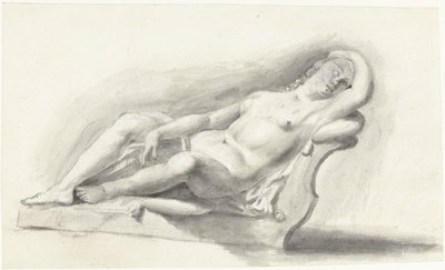Beeld van naakte vrouw, liggend op een bankkussen door Moses Ter Borch
