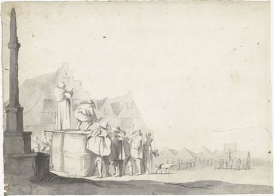 Marktplein met omroeper op een vat door Moses ter Borch (possibly)