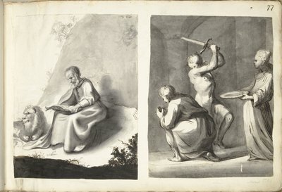 Heilige Hiëronymus in de wildernis en onthoofding van Johannes de Doper door Moses ter Borch (signed by artist)