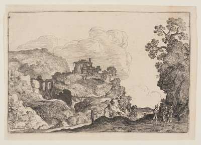 Rotsachtig landschap met drie reizigers door Moses van Uyttenbroeck