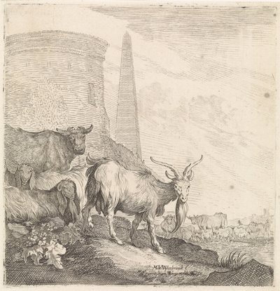 Geiten en koeien bij een ronde toren met een obelisk door Moyses van Wtenbrouck