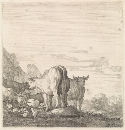 Koeien en geiten in een landschap met huizen door Moyses van Wtenbrouck