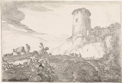 Landschap met ronde toren door Moyses van Wtenbrouck