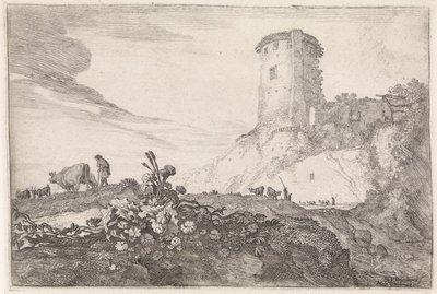 Landschap met ronde toren door Moyses van Wtenbrouck