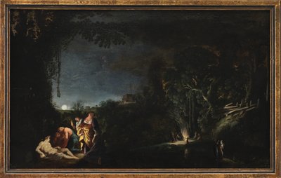 Maanlichtlandschap met mythologisch (?) motief door Moyses van Wtenbrouck