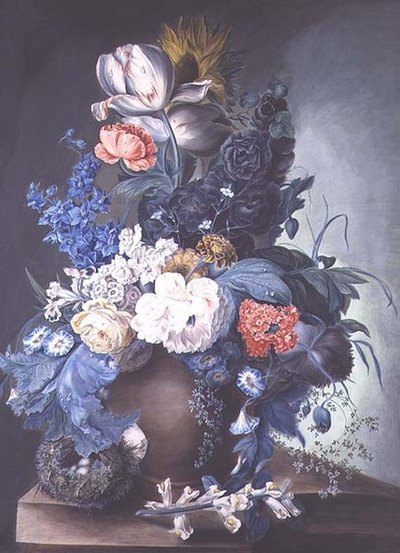 Groep Bloemen in een Pot en Vogelnest door Mrs.Margaret Meen