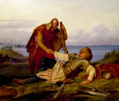 Hjalmar neemt afscheid van Örvar-Oddr na de Slag bij Samsø door Mårten Eskil Winge