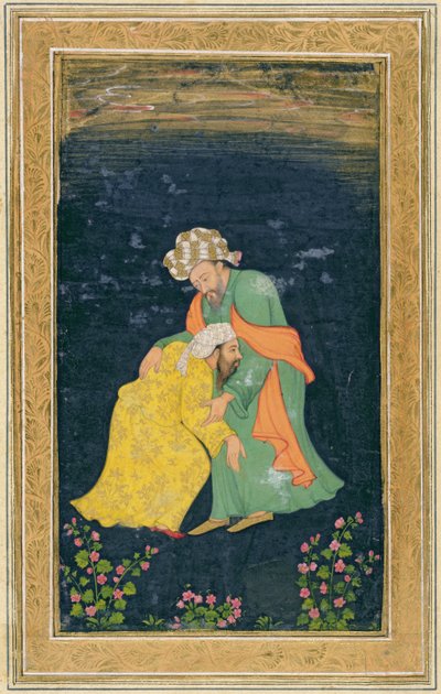 Een mullah die buigt voor een man in Iraanse kleding die hem opheft uit zijn onderwerping, uit het Kleine Clive Album door Mughal School