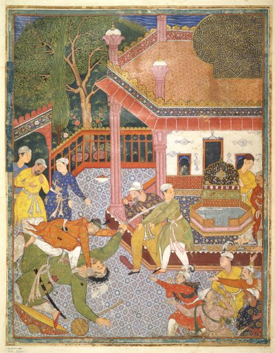 Een held doodt een reus voor een menigte toeschouwers in een binnenplaats, illustratie uit de Hamza Nama, ca. 1555-67 door Mughal School