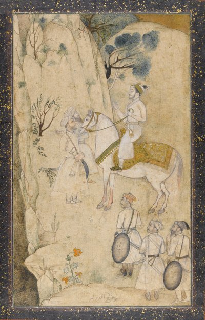 Een prins te paard, met vijf bedienden, kijkend naar een waterval door Mughal School