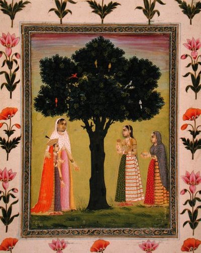 Een prinses met haar zoon ontmoet twee dames die geschenken aanbieden, uit het Small Clive Album door Mughal School