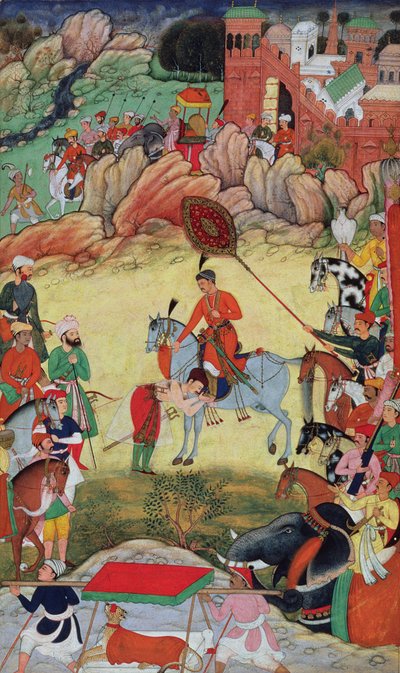 Adham Khan brengt eerbetoon aan Akbar in Sarangpur, Centraal-India, in 1560 of 1561, uit de Akbarnama, 1590-98 door Mughal School