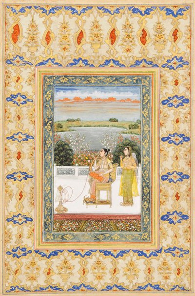 Albumblad: Gulbadan Begum rookt op een terras, Delhi, ca. 1800 door Mughal School