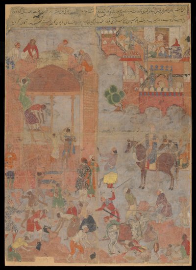 Anushirvan legt de basis van Ctesiphon op een gunstig uur, Manuscript folio, ca. 1560-1565 door Mughal School