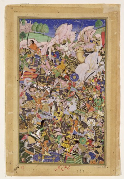 Slag bij Bundi, uit de Akbarnama, ca. 1590 door Mughal School