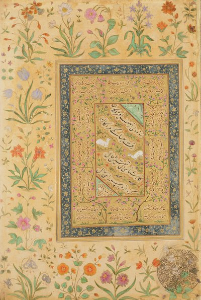 Calligrafie door de Iraanse meester Ali al-Mashhadi (1442-1519) in een Mughal mount door Mughal School