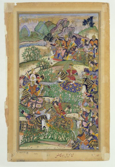 Keizer Akbar (r.1556-1605) bij de slag van Samal in 1572, uit de Akbarnama gemaakt door Abul Fazi, 1590-98 door Mughal School