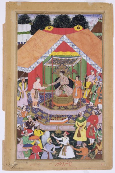 Keizer Akbar (r.1556-1605) vermaakt door zijn pleegbroer Azim Khan in Dipalpur, Punjab, 1571, uit de Akbarnama gemaakt door Abul Fazi, 1590-98 door Mughal School