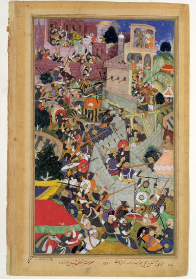 Keizer Akbar (r.1556-1605) schiet Saimal bij het Beleg van Chitov in 1567, uit de Akbarnama gemaakt door Abul Fazi, 1590-98 door Mughal School