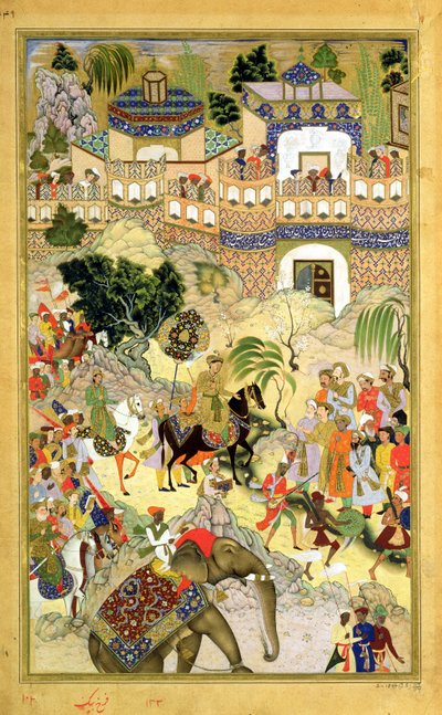 Keizer Akbars triomfantelijke intocht in Surat, uit de Akbarnama gemaakt door Abul Fazi (1515-1602) 1590-98 door Mughal School