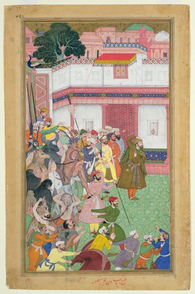 Fatepur Sikiri, 1573: Hasain Quli Khan-l Jahan presenteert zijn gevangenen aan keizer Akbar (r.1556-1605), uit de Akbarnama gemaakt door Abul Fazi, 1590-98 door Mughal School