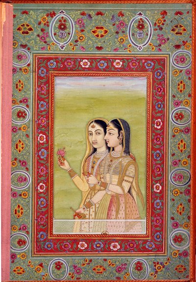 Indiase kunst: miniatuur die twee vrouwen voorstelt. 17e eeuw (Mogolperiode) door Mughal School