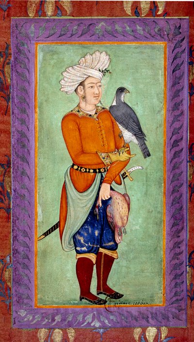 Indiase kunst: voorstelling van een Oezbeekse prins met een valk voor de jacht door Mughal School