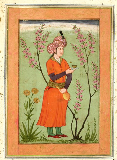 Iraanse prinselijke figuur met een beker en fles, ca. 1640, uit het Grote Clive Album door Mughal School