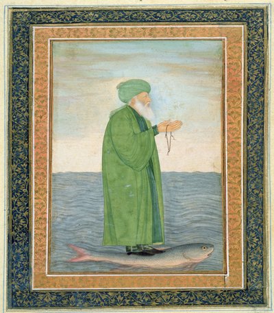 Khawa Khizir Khan rijdend op een vis, uit het Small Clive Album door Mughal School